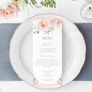 Chic Blush Pink Floral Rosen Blumen Menü druckbare EDITIERBARE VORLAGE Baby-Mädchen-Dusche-Brautparty Hochzeit Geburtstag-Party-Abendessen-Mittagessen PK5