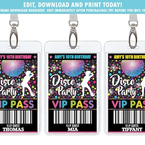 Disco Party VIP Pass, Dance Party Backstage Pass Badge, Girl Disco Dance Birthday Party Printable, Digital Instant EDITABLE TEMPLATE, DP2