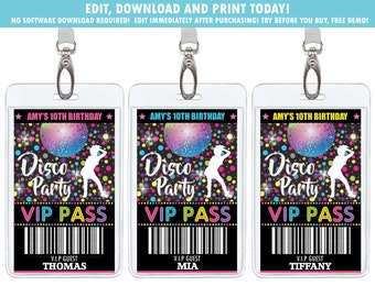 Disco Party VIP Pass, Dance Party Backstage Pass Badge, Girl Disco Dance Birthday Party Printable, Digital Instant EDITABLE TEMPLATE, DP2
