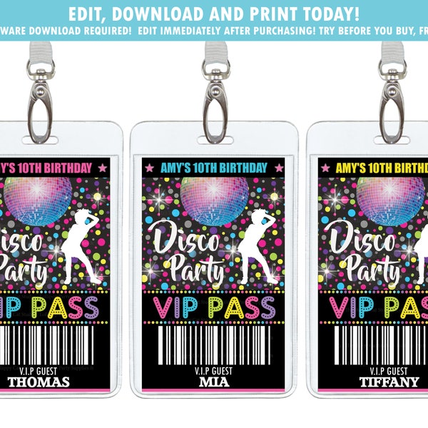 Disco Party VIP Pass, Dance Party Backstage Pass Badge, Girl Disco Dance Birthday Party Printable, Digital Instant EDITABLE TEMPLATE, DP2