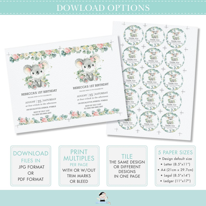 May include: Printable invitation for a first birthday party with a koala theme. The invitation features a watercolor illustration of two koalas with eucalyptus leaves and pink flowers. The text on the invitation reads "Rebecca's 1st Birthday" and includes the date, time, and location of the party. The invitation is available in multiple sizes, including letter, A4, legal, and ledger.