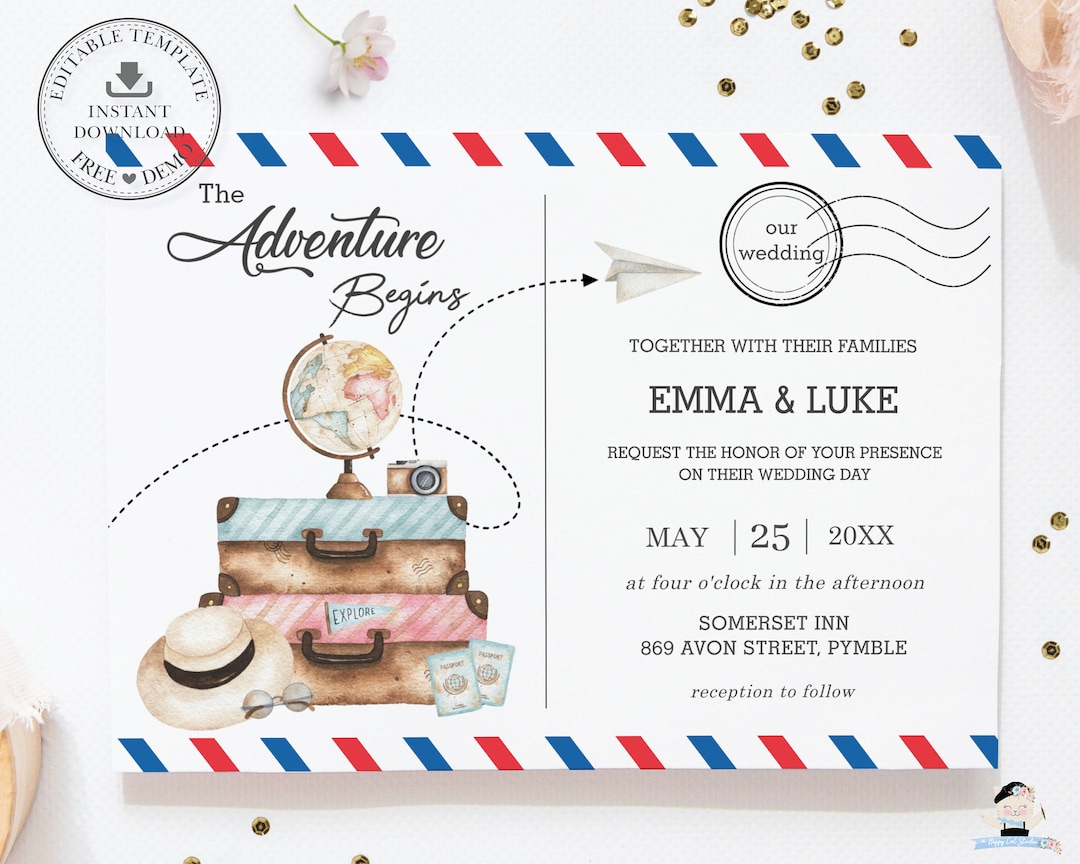 The Adventure Begins Wedding Invitation, EDITABLE TEMPLATE, Postcard ...