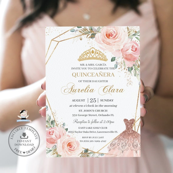 EDITABLE TEMPLATE, Quinceanera Mis Quince Anos, Chic Blush Pink Floral EDITABLE TEMPLATE, Quinceanera Mis Quince Anos, Chic Blush Pink Floral