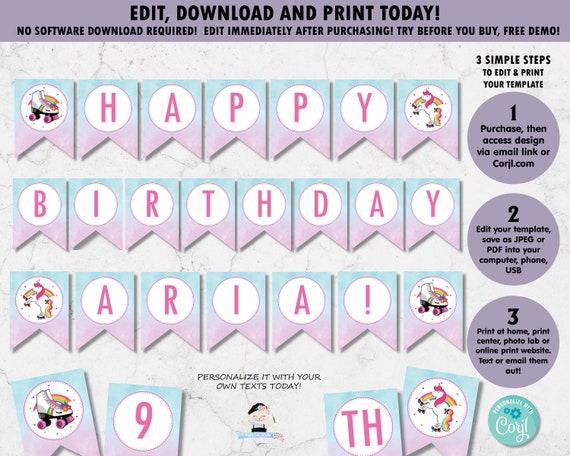 editable template unicorn roller skating party flag banner rollerskates unicorn printable rainbow girls birthday decor digital ur1 by the happy cat studio catch my party