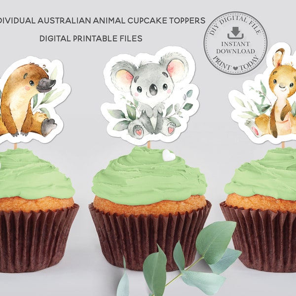 Australian Animals Greenery Cupcake Toppers, INSTANT DOWNLOAD, Koala Kangaroo Kookaburra, Baby Shower Birthday Party Printable Files Pdf AU5