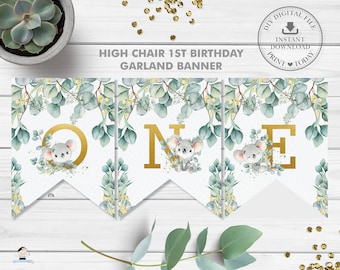 Cute Koala Greenery 1st Birthday High Chair Banner, One Garland Bunting Decor Sign, Australian Animals Printable Pdf, INSTANT DOWNLOAD, AU2