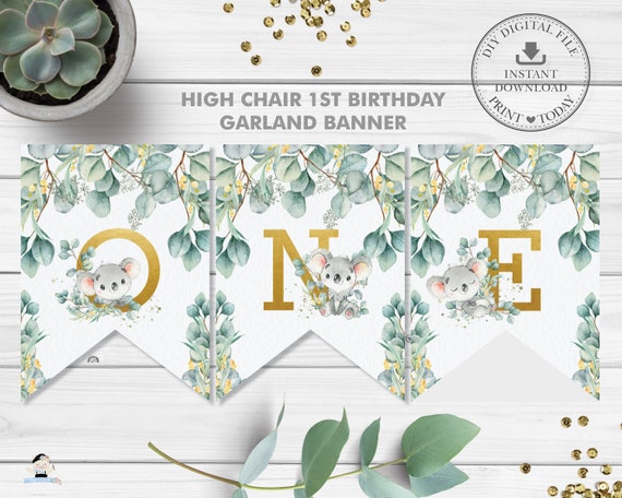 Cute Koala Greenery 1st Birthday High Chair Banner, One Garland Bunting Decor Sign, Australian Animals Printable Pdf, INSTANT DOWNLOAD, AU2 Il_570xn