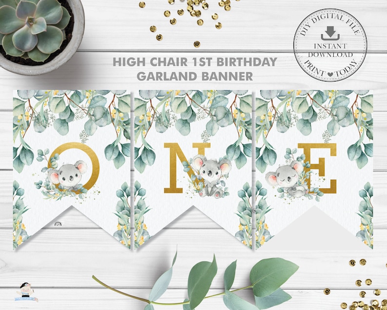 Australian Animals Printable Pdf AU2 One Garland Bunting Decor Sign Cute Koala Greenery 1st Birthday High Chair Banner INSTANT DOWNLOAD