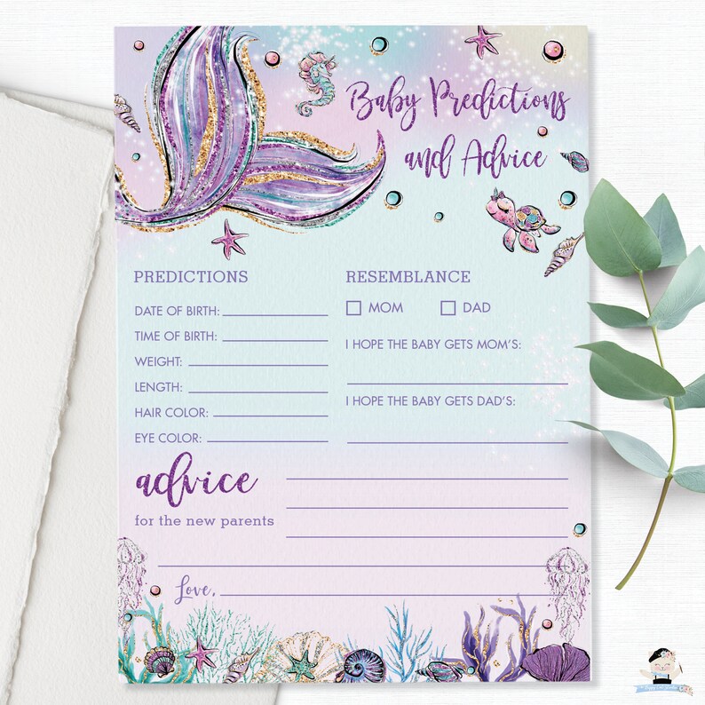 Mermaid Baby Predictions and Advice, Mermaid Tail Baby Shower Game Activity Girl, Chic Purple Under the Sea Printable, INSTANT DOWNLOAD, MT2 image 2