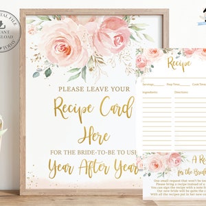 Apportez une recette pour la mariée demande des cartes signe une douche nuptiale élégante rose blush floral roses fleurs or moderne imprimable TÉLÉCHARGEMENT IMMÉDIAT PK5