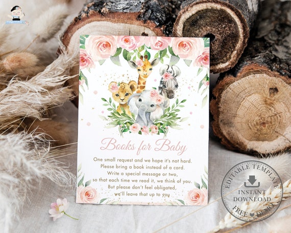 EDITABLE TEMPLATE, Jungle Animals Bring Books for Baby Insert, Blush Pink Floral Baby Shower Birthday Extra Info Card Printable, INSTANT JA6 Il_570xn