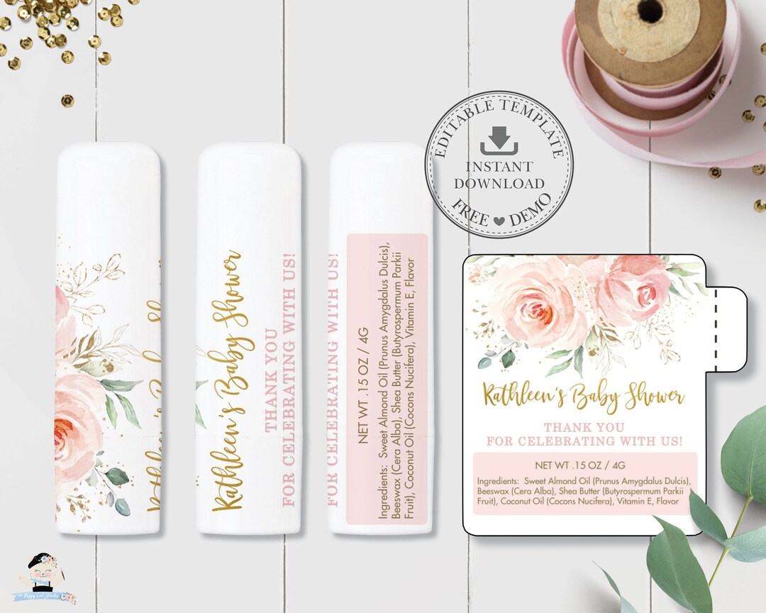 Blush Floral Lip Balm Labels, EDITABLE TEMPLATE, 4g Lip Gloss Pink ...