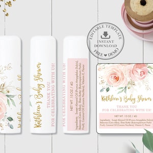 Blozen bloemen lippenbalsem etiketten, BEWERKBARE SJABLOON, 4g lipgloss roze rozen bloemen sticker gunsten, bruids baby shower verjaardag afdrukbare, PK5