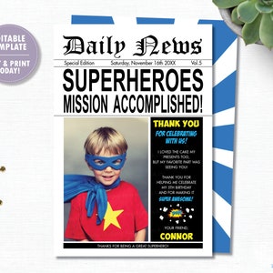 Superheld-Foto-Dankeschön-Karte, EDITIERBARE VORLAGE, Superhelden zum Ausdrucken, junge Mädchen-Superheld-Geburtstagsfeier Digitaler Sofort-Download, HP2