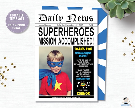 Superhero Thank You Card, EDITABLE TEMPLATE, Instant Download, Superheroes Printable, Boy Girl Super Hero Birthday Party, Photo Digital, HP2 Il_570xn