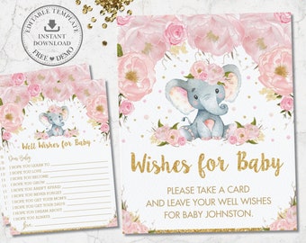 Well Wishes for Baby Sign and Card, EDITABLE TEMPLATE, Blush Pink Floral Cute Elephant Baby Shower Fun Game Activity Diy PDF Printable, EP5