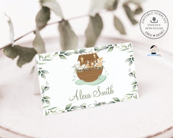 EDITABLE Noah's Ark Greenery Place Card Guest Name Tent Folded Cute Animals 1st Birthday Baby Shower Baptism Christening Printable Files NA1