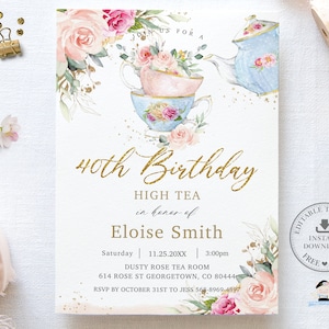 Faire-part d'anniversaire floral chic Blush High Tea tout âge, MODÈLE MODIFIABLE, invitation de fleurs roses Tea Party victorienne, imprimable, TP5 instantané