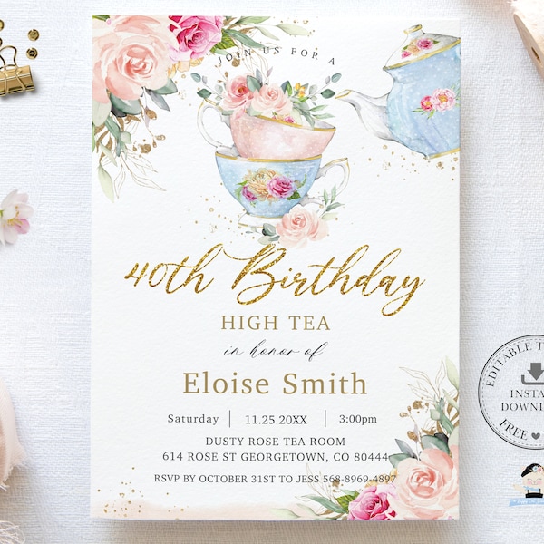 Faire-part d'anniversaire floral chic Blush High Tea tout âge, MODÈLE MODIFIABLE, invitation de fleurs roses Tea Party victorienne, imprimable, TP5 instantané