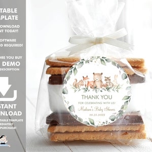 EDITABLE TEMPLATE Woodland Animals 2&quot; Circle Tags, Chic Cute Thank You Sticker Favors Printable, Greenery Baby Shower Birthday Party, WG12