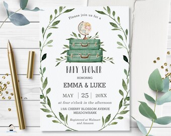 Rustic Greenery Baby Shower Invitation, EDITABLE TEMPLATE, Gender Neutral Invite Printable, Adventure Suitcases Globe, INSTANT Download, BM1