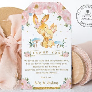 Niedliche Hasen Gunsten Tag, EDITIERBARE VORLAGE, rosa blau Blumen gemeinsame Geburtstag Geschwister Danke druckbar, SOFORTIGER Download, BR3