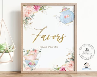 May include: A framed sign featuring the text "Favors" in gold glitter script and "PLEASE TAKE ONE" in gold block letters. The design includes watercolour illustrations of pink roses, green foliage, a blue polka-dot teapot, and stacked teacups.