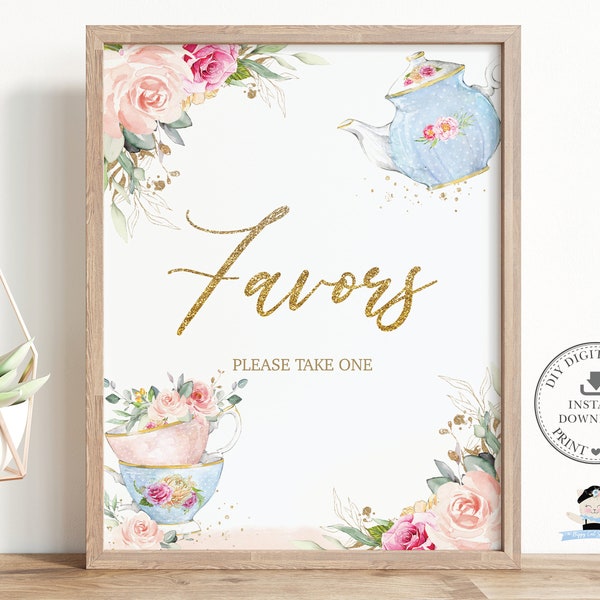 Favors Sign, INSTANT DOWNLOAD, Vintage Tea Cups Teapot Pink Blush Floral High Tea Party Baby Bridal Shower Birthday Diy PDF Printable, TP5