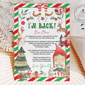 EDITABLE Chica Elfa Carta de Llegada Regreso Hola Estoy de Vuelta Bienvenido Navidad Elfo Rojo Verde Lindo Caprichoso Niños Imprimible Plantilla Digital CH1