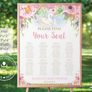 Swans Pink Floral Seating Chart Sign Printable, EDITABLE TEMPLATE, Whimsical Swan Lake Princess Mommy and Baby Shower, INSTANT Download, SW1 image 1