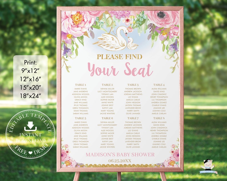 Swans Pink Floral Seating Chart Sign Printable, EDITABLE TEMPLATE, Whimsical Swan Lake Princess Mommy and Baby Shower, INSTANT Download, SW1 image 1