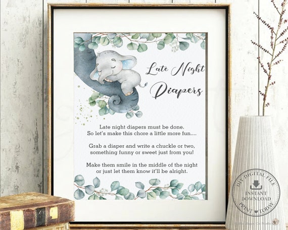 Late Night Diapers Sign, INSTANT DOWNLOAD, Diaper Thoughts, Sleeping Elephant Greenery Baby Shower Fun Game Activity, Diy PDF Printable EP10 Il_570xn
