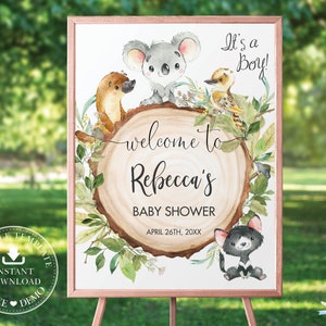 Australian Animals Welcome Sign, EDITABLE TEMPLATE, Diy Greenery Aussie Koala Baby Shower Birthday Poster Decoration, INSTANT Download, AU1