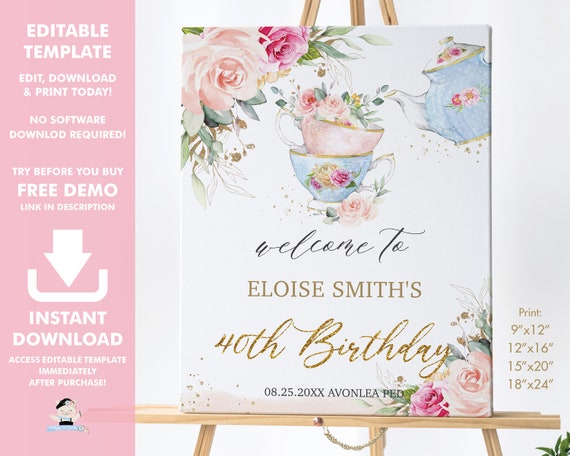 Chic Blush Floral High Tea Party Welcome Sign, EDITABLE TEMPLATE, Royal Bridal Baby Shower Birthday Poster Decoration INSTANT Download TP5 Il_570xn