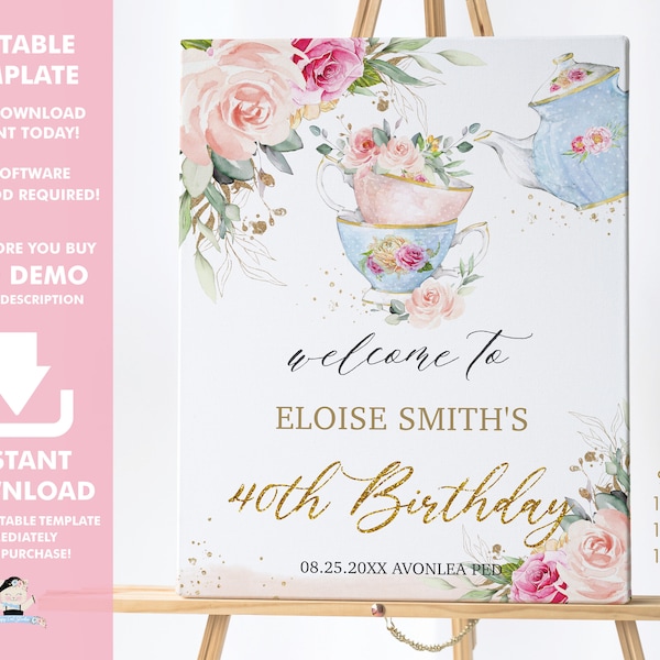 EDITABLE Chic Blush Floral High Tea Party Welcome Sign Royal Bridal Baby Shower Birthday Vintage Teapot Cups Decor Printable Download TP5