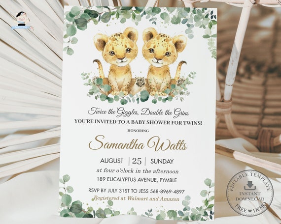 Twins Lion Cubs Two Boys Baby Shower Invitation, INSTANT Download Chic Greenery Cute Twin Boys Baby Lions, Jungle Diy EDITABLE TEMPLATE, LN3 Il_570xn