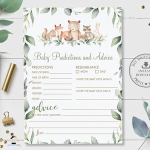 Baby voorspellingen en advies, INSTANT DOWNLOAD, Groen Bosdieren Beer Baby Douche Spel Quiz Card Activiteit Diy PDF Afdrukbaar, WG12