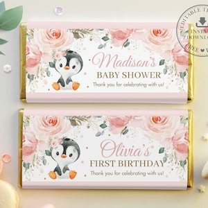 May include: Pink and white chocolate bar wrappers with a floral design and a penguin illustration. The text on the wrappers reads "Madison's Baby Shower" and "Olivia's First Birthday".