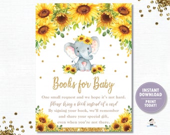 Bring a Book Instead of a Card, INSTANT DOWNLOAD, Sunflower Elephant Baby Shower Books for Baby Insert, Sunflower Elephant Printable, EP8