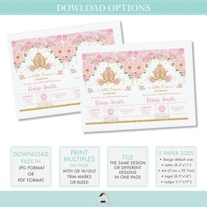 May include: Printable baby shower invitation featuring a pink and gold carriage with floral accents. The invitation text reads "Little Princess is on her way!" and includes the name "Eloise Smith". The invitation is available in multiple sizes and formats.