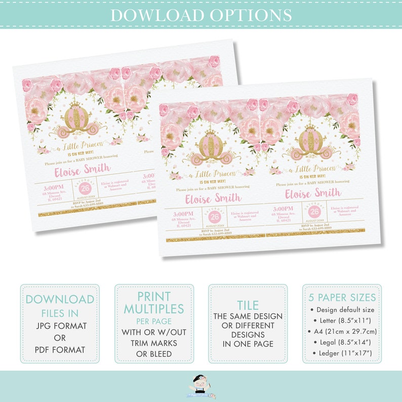 May include: Printable baby shower invitation featuring a pink and gold carriage with floral accents. The invitation text reads "Little Princess is on her way!" and includes the name "Eloise Smith". The invitation is available in multiple sizes and formats.
