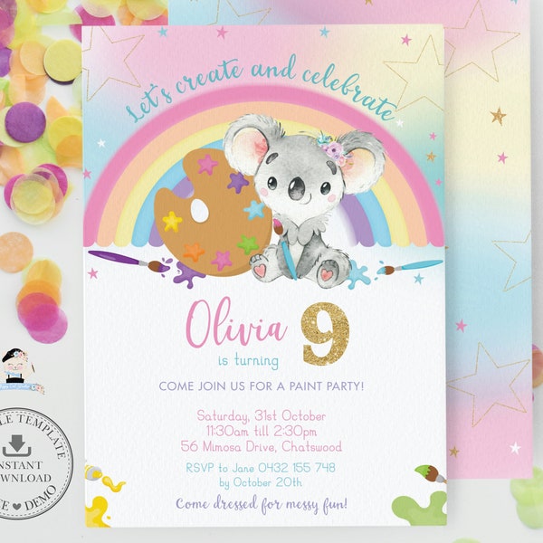 EDITABLE Art Party Invitation, Cute Koala Australian Rainbow Paint Arts Crafts Birthday Party Invitation Invite Printable Download File, AU7