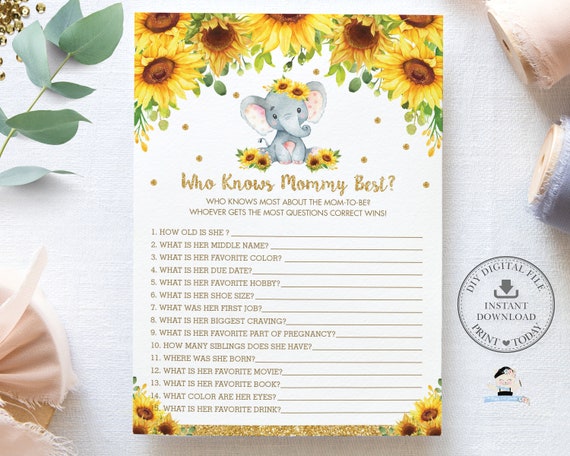 Who Knows Mommy Best Game, INSTANT DOWNLOAD, Rustic Chic Floral Sunflower Elephant Baby Shower Quiz Card Activity, Diy PDF Printable, EP8 Il_570xn