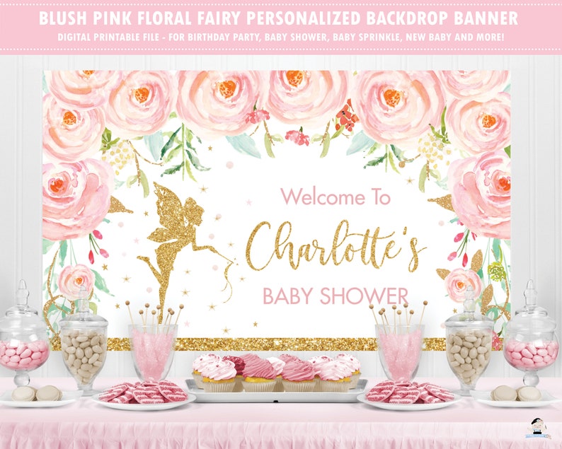 Fairy Backdrop Banner, Blush Pink Floral Fairy 1st Birthday Back Drop Decor, Gold Glitter Baby Shower Backdrop Printable Digital PDF FF1 image 2