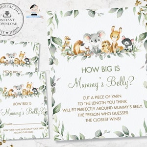 How Big is Mummy's Belly Sign Card, INSTANT DOWNLOAD, Australian Animals Greenery Gender Neutral Baby Shower Game Activity Diy Printable AU5 image 1