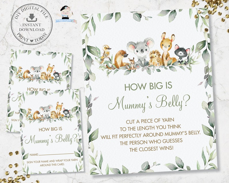 How Big is Mummy's Belly Sign Card, INSTANT DOWNLOAD, Australian Animals Greenery Gender Neutral Baby Shower Game Activity Diy Printable AU5 image 1