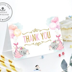 Chic Elephants Twin Girls pliée Tente Merci Carte, TÉLÉCHARGEMENT INSTANTANÉ, Mignons Jumeaux Éléphant Rose Ballons Jaune Or Baby Shower PDF, EP3