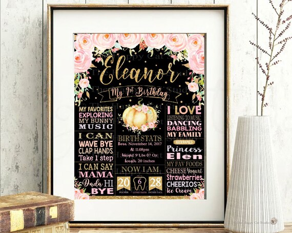 1st Birthday Milestones Sign, Little Pumpkin, Girl, Printable,Birth Stats, First, One Year, Poster, Nursery Wall Decor, Floral, Gold, Pink Il_570xn