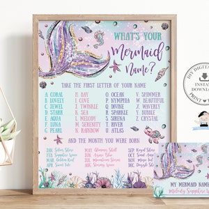 What's your Mermaid Name Game Sign Name Card Printable INSTANT DOWNLOAD Whimsical Under the Sea Fun Pool Birthday Party Game Activity MT2