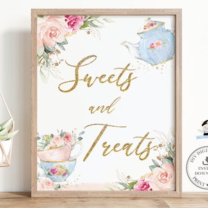 Signe de bonbons et de friandises, téléchargement immédiat, tasses à thé vintage théière rose blush floral high tea party baby shower de bébé anniversaire imprimable TP5